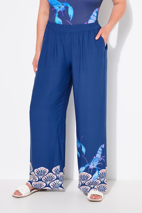 Pantalon palazzo, bordure coquillages, jambe large et taille élastique