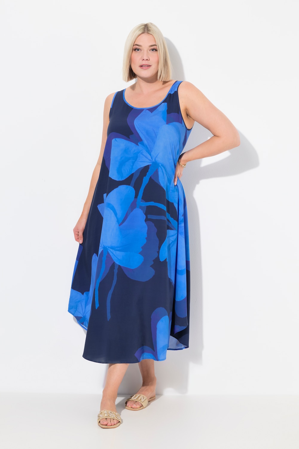 Midikleid, Blüten, A-Linie, Rundhals, ärmellos