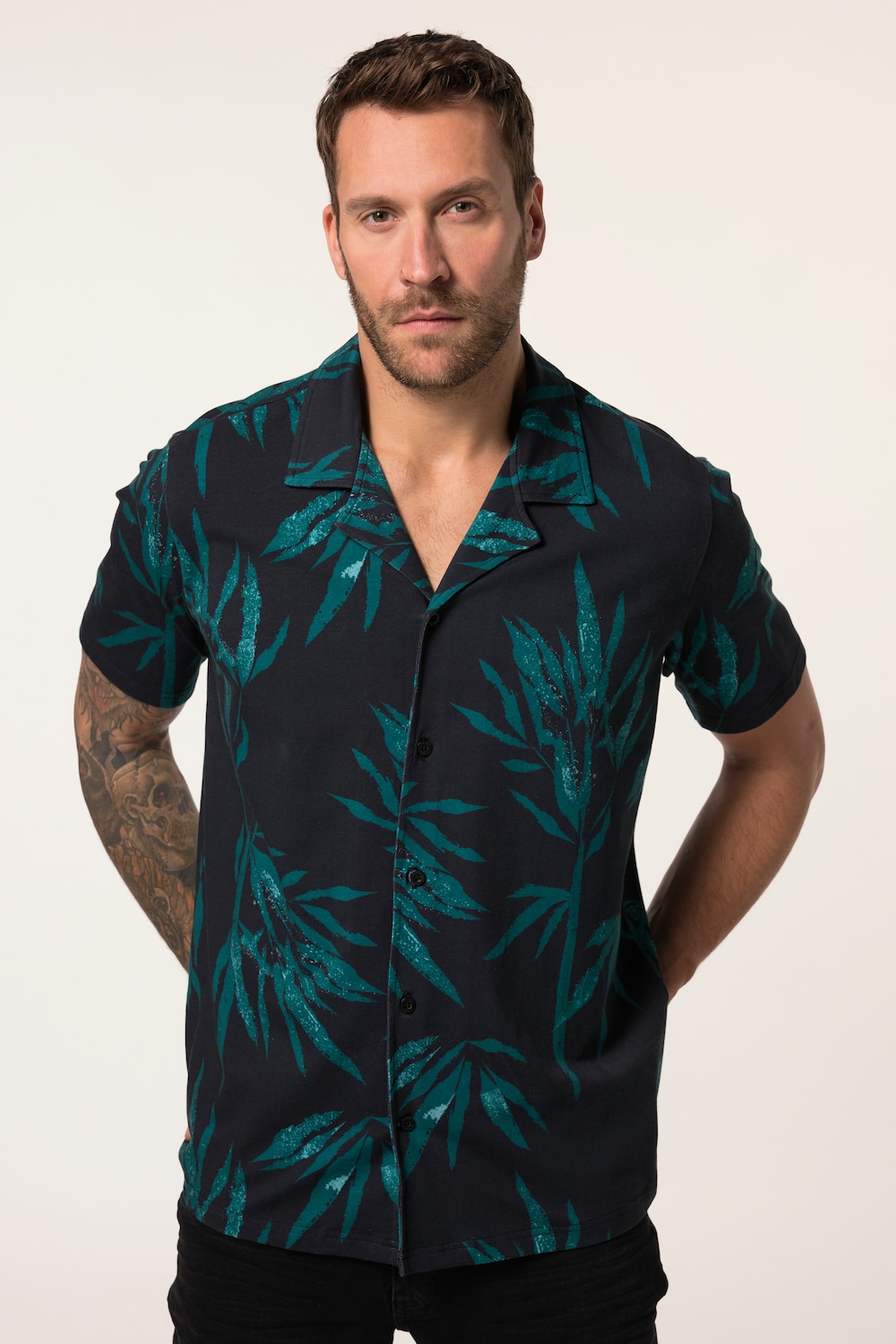 JP 1880 jersey overhemd FLEXNAMIC®, korte mouwen, all-over print, Cubaanse kraag, Cuba Fit, tot 8XL