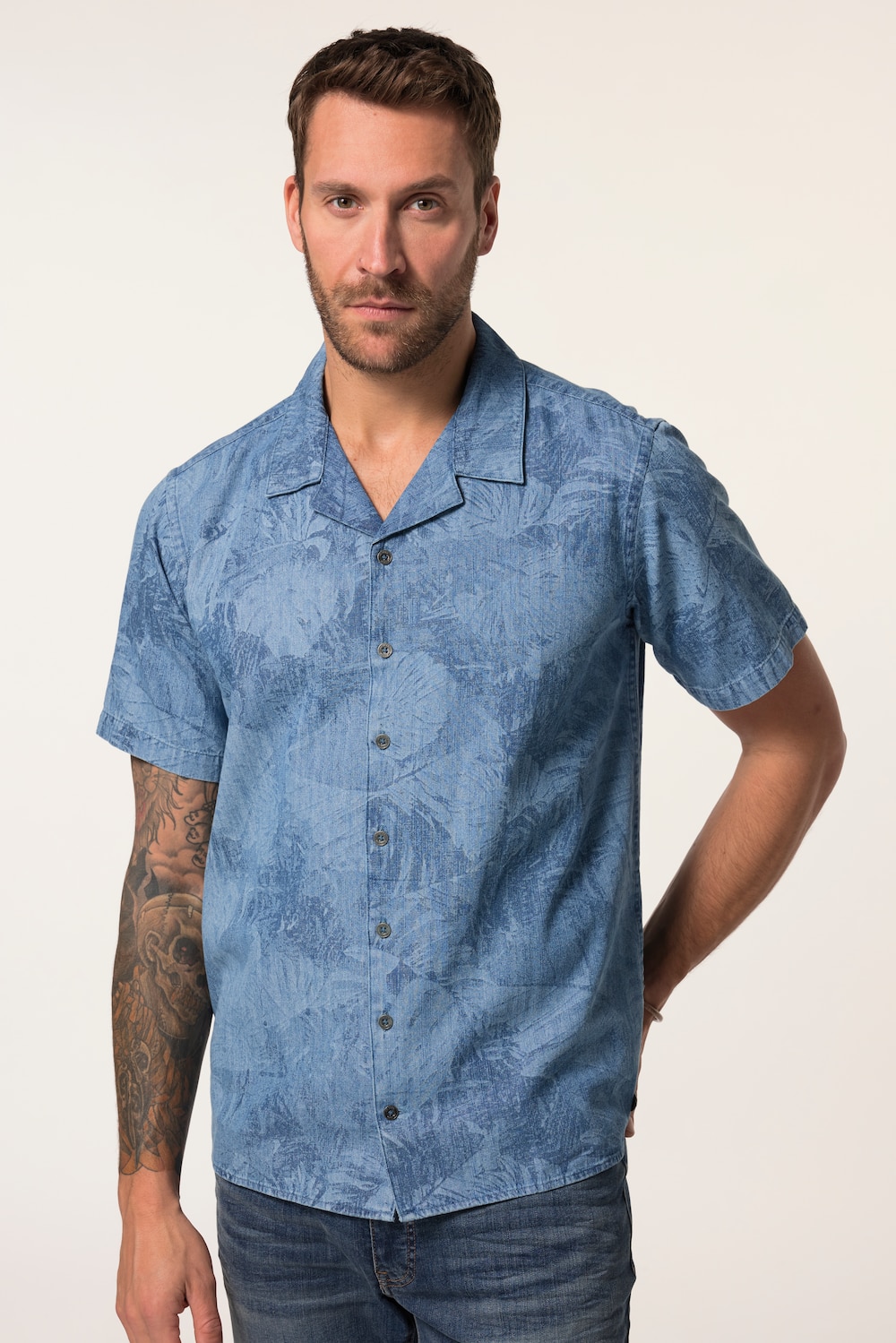 JP 1880 denim overhemd, denim, korte mouwen, laserprint, Cubaanse kraag, Cuba-Fit, tot 8XL