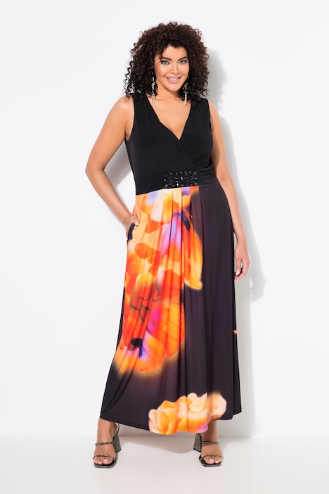 Robe maxi sans manches, fleurs XL et décolleté en V, coupe évasée