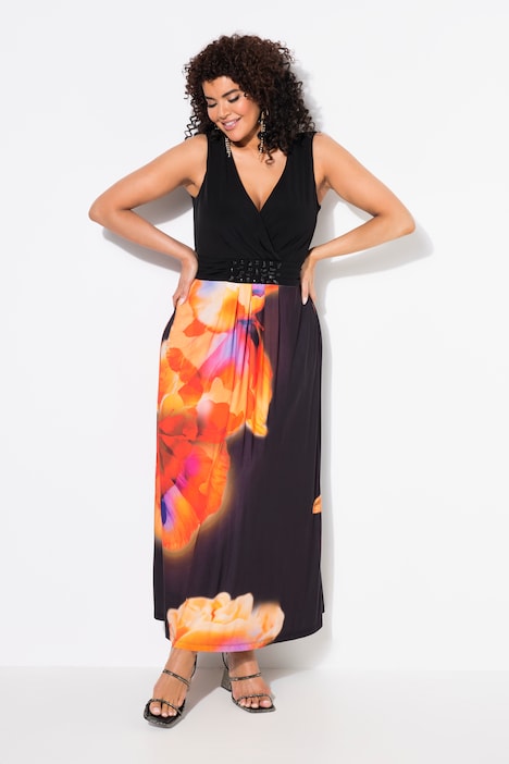 Robe maxi sans manches, fleurs XL et décolleté en V, coupe évasée