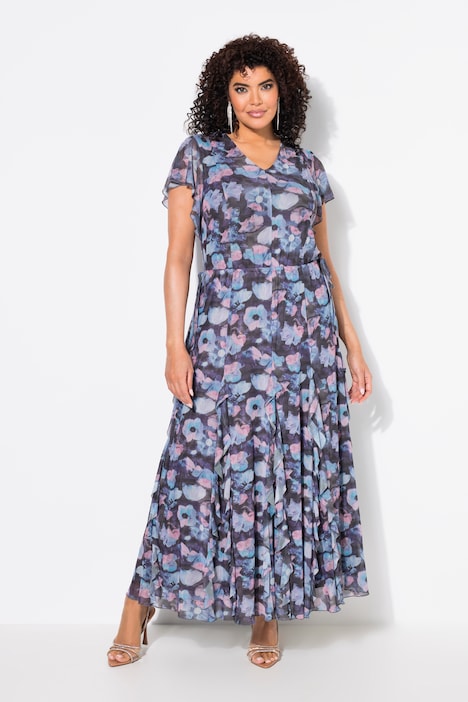 Robe de soirée en mesh, fleurs, col en V, manches volantées