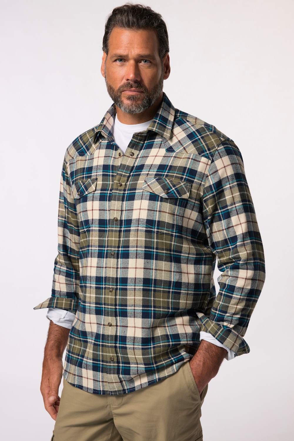 JP 1880 geruit flanellen overhemd, lange mouwen, kentkraag, Modern Fit, tot 8XL