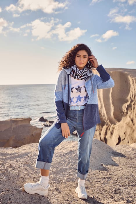 Jas van gebreid fleece, colorblocking, capuchon, rits