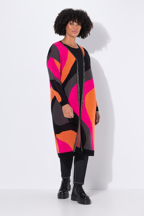 Long-Strickjacke, Feinstrick, Colormuster, offene Form