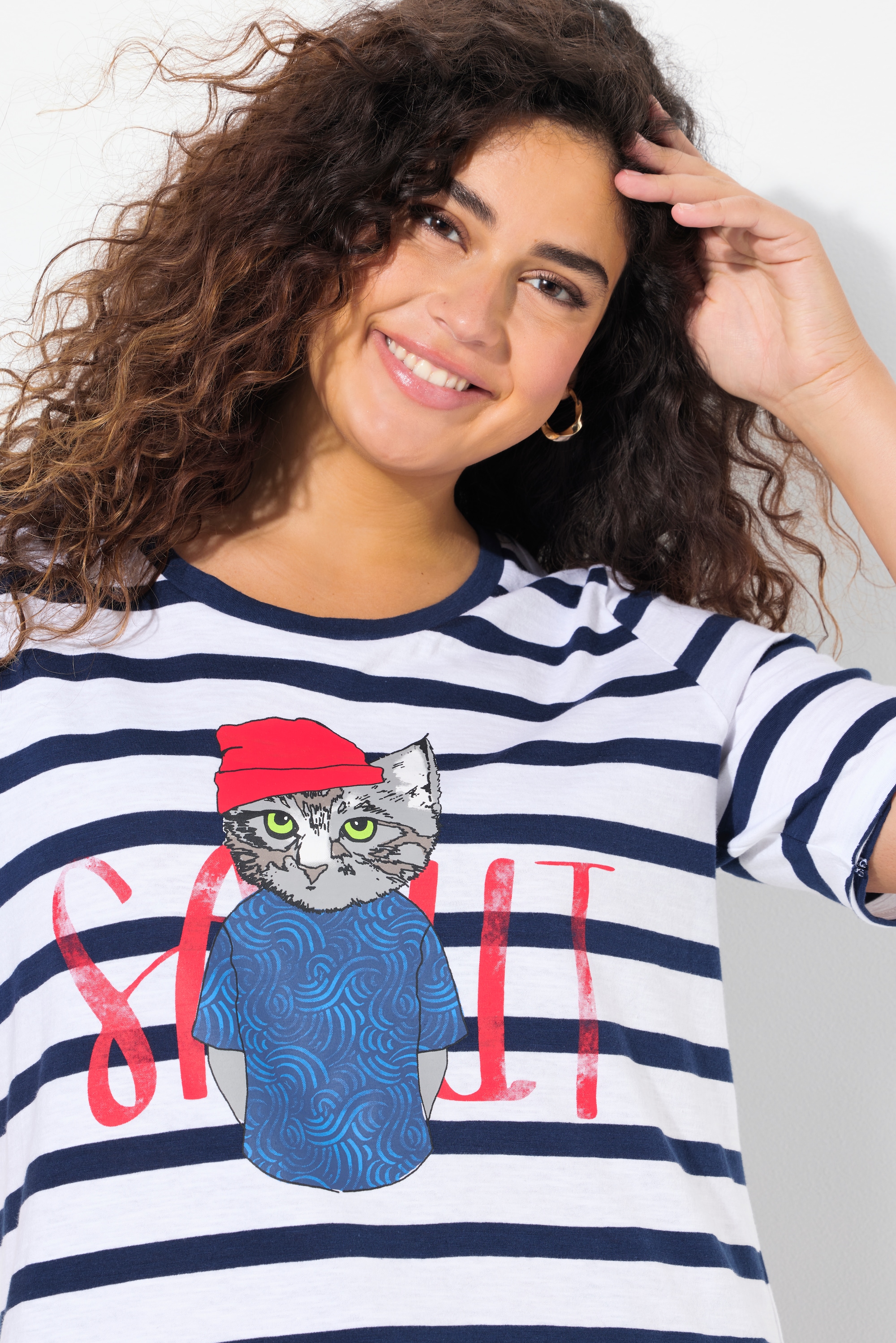 Ulla Popken Damen große Größen T Shirt Katze A Linie Rundhals Halbarm 836014