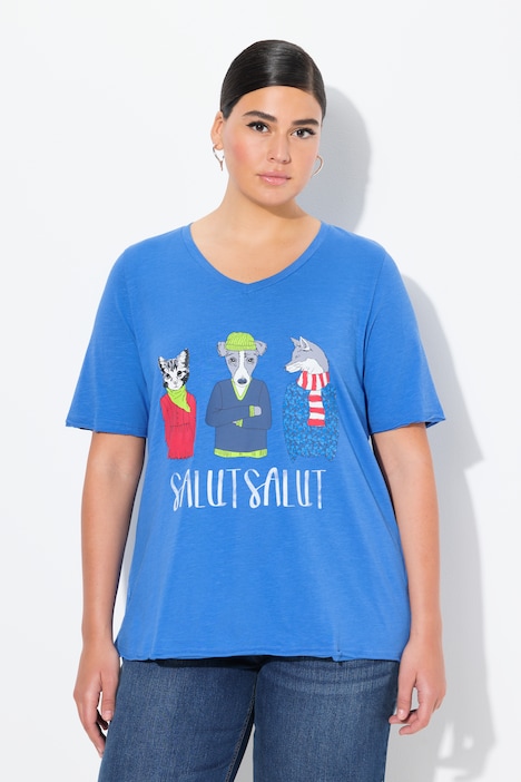 T-shirt, animaux, col en V et manches courtes, coupe évasée