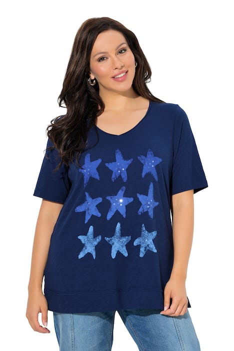Tričko, mořské hvězdice, otevřené okraje, výstřih do V, krátké rukávy