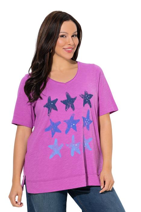 Tričko, mořské hvězdice, otevřené okraje, výstřih do V, krátké rukávy