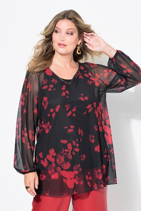 Bluse, Mesh, floraler Print, weiter Langarm