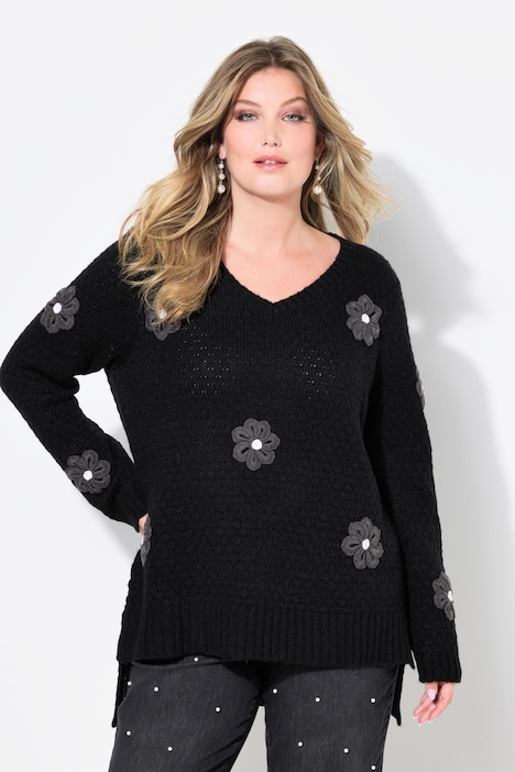 Pullover, Classic Fit, 3D Blüten, Seitenschlitze