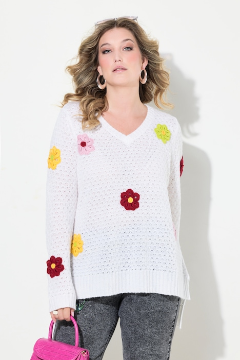 Pullover, Classic Fit, 3D Blüten, Seitenschlitze