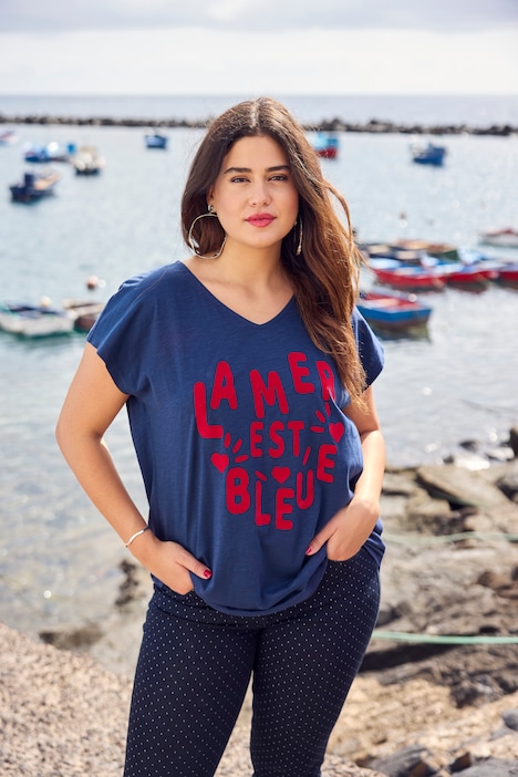 T-shirt « La mer est bleue », col en V et manches courtes