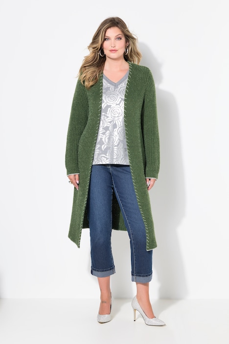 Strickjacke, extra lang, Ausschnitt mit Zierstich