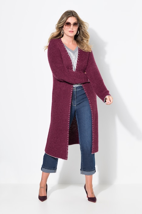 Strickjacke, extra lang, Ausschnitt mit Zierstich