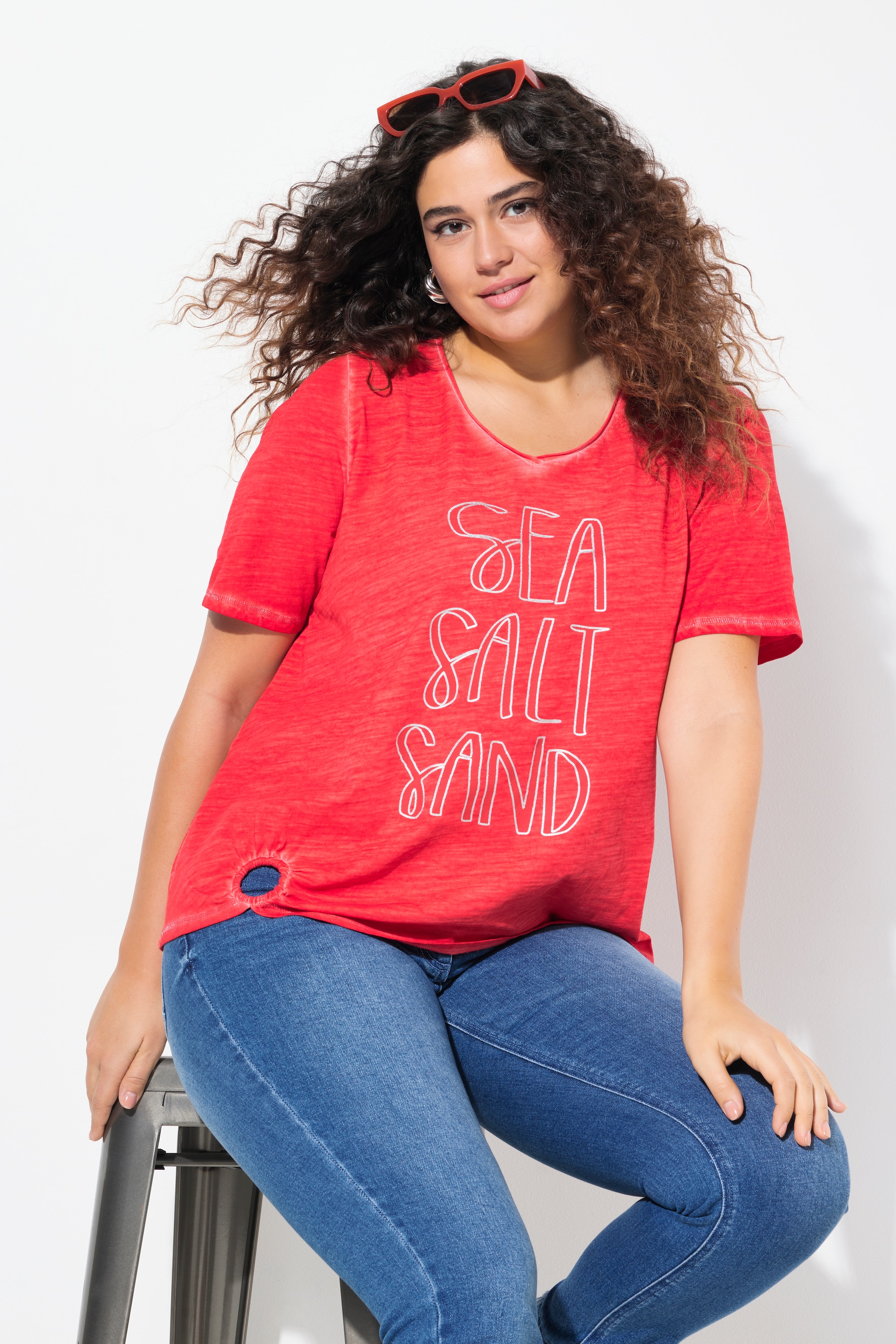 Ulla Popken Damen große Größen T Shirt Zieröse Classic V Ausschnitt