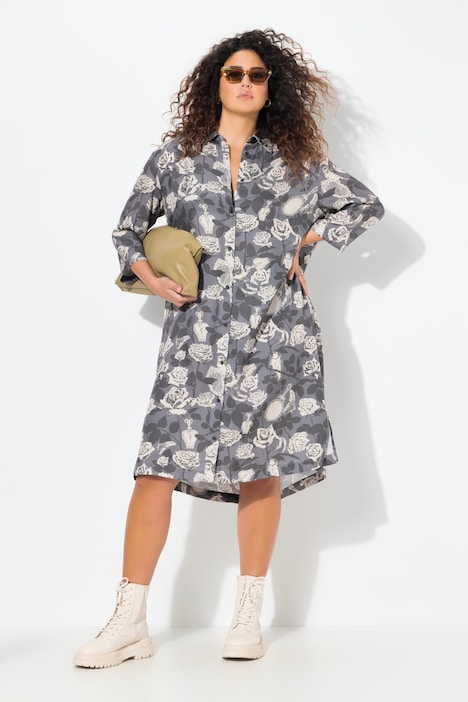 Rose Print 3/4 Sleeve Button Down Shirt Dress