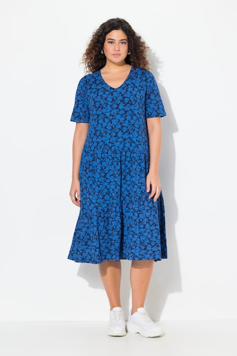 Leaf Print Short Sleeve Asymmetric Flounce Panel Dress