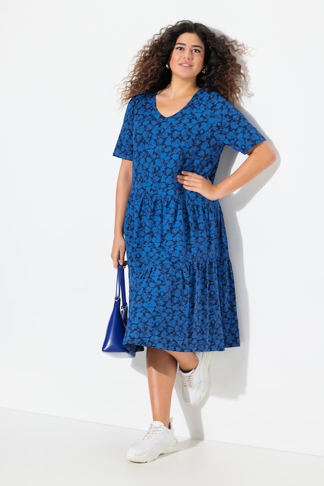 Leaf Print Short Sleeve Asymmetric Flounce Panel Dress