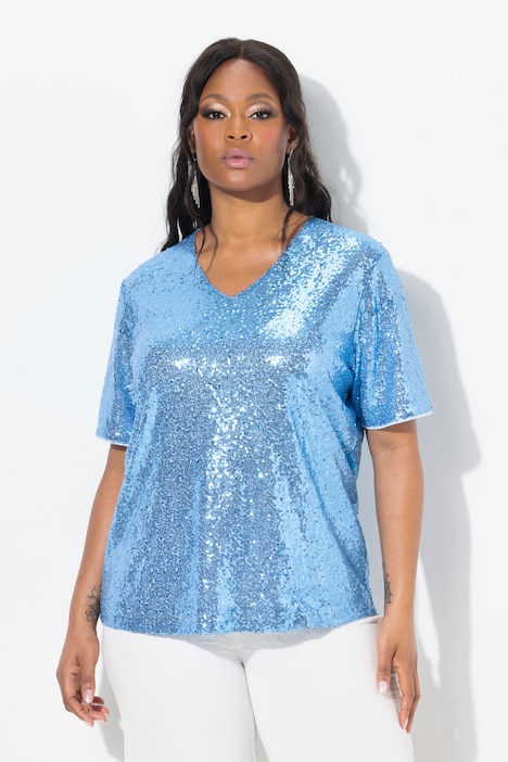 Sequined Short Sleeve V-Neck Blouse