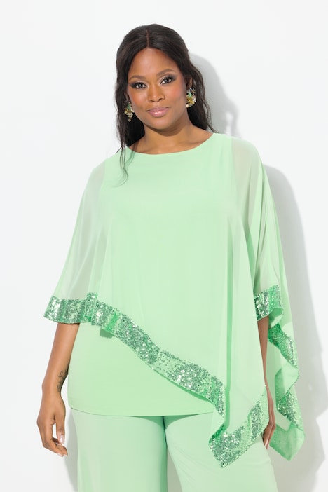 Sequined Trim Asymmetric Layered Chiffon Blouse