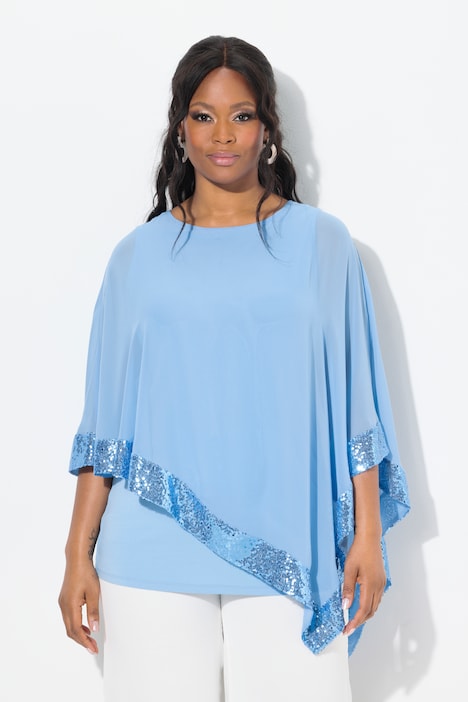 Sequined Trim Asymmetric Layered Chiffon Blouse