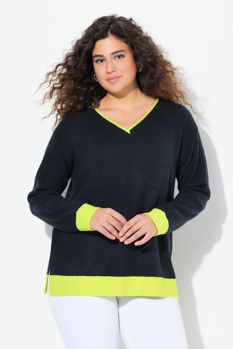 Pull bords-côtes fluo, col en V et manches longues