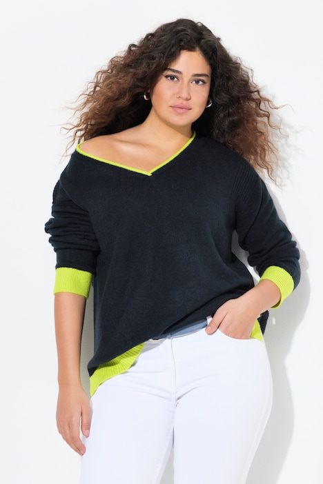 Pullover, Neon-Bündchen, V-Ausschnitt, Langarm