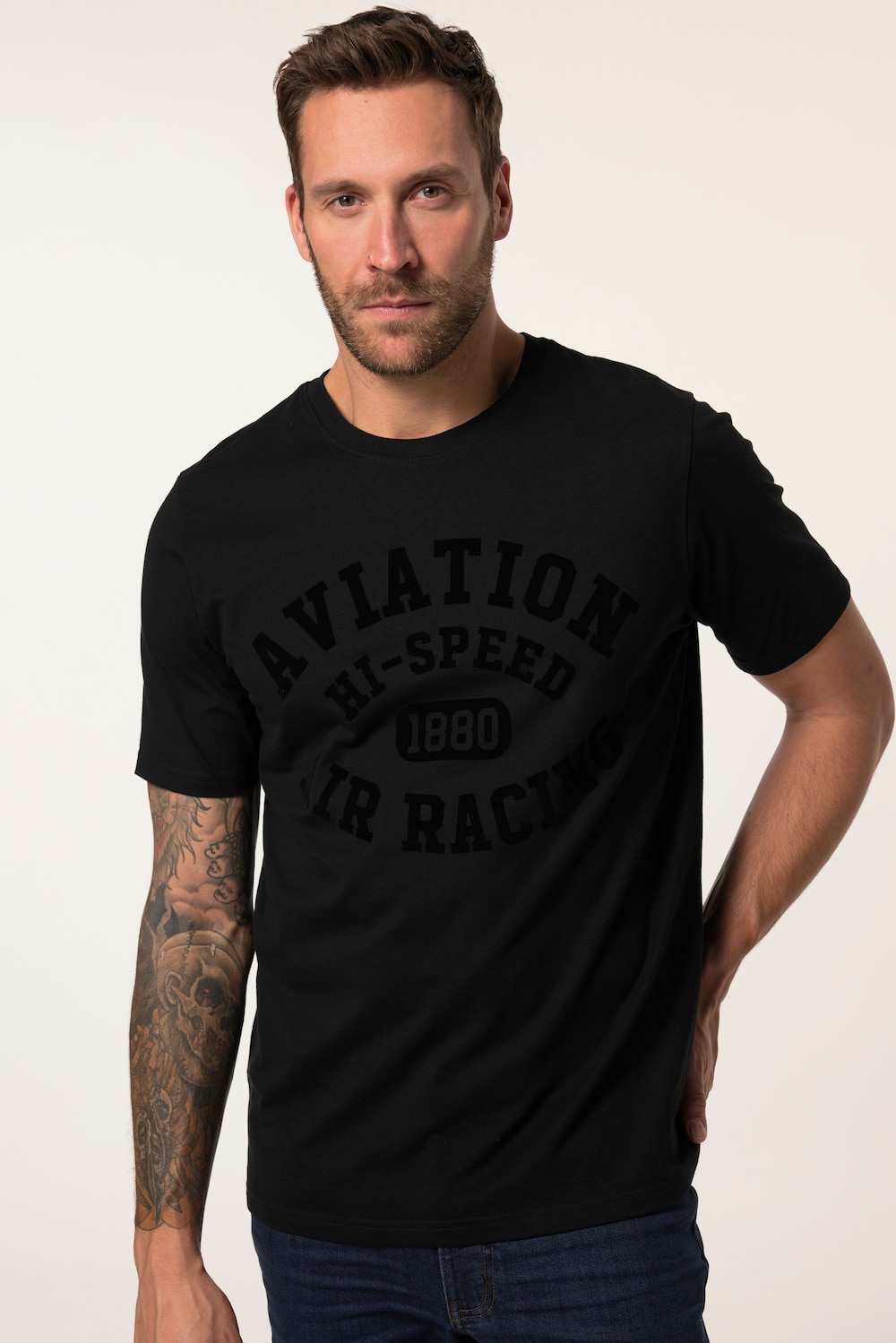 JP 1880, T-shirt, korte mouwen, gestreept, print op de borst, tot 8XL