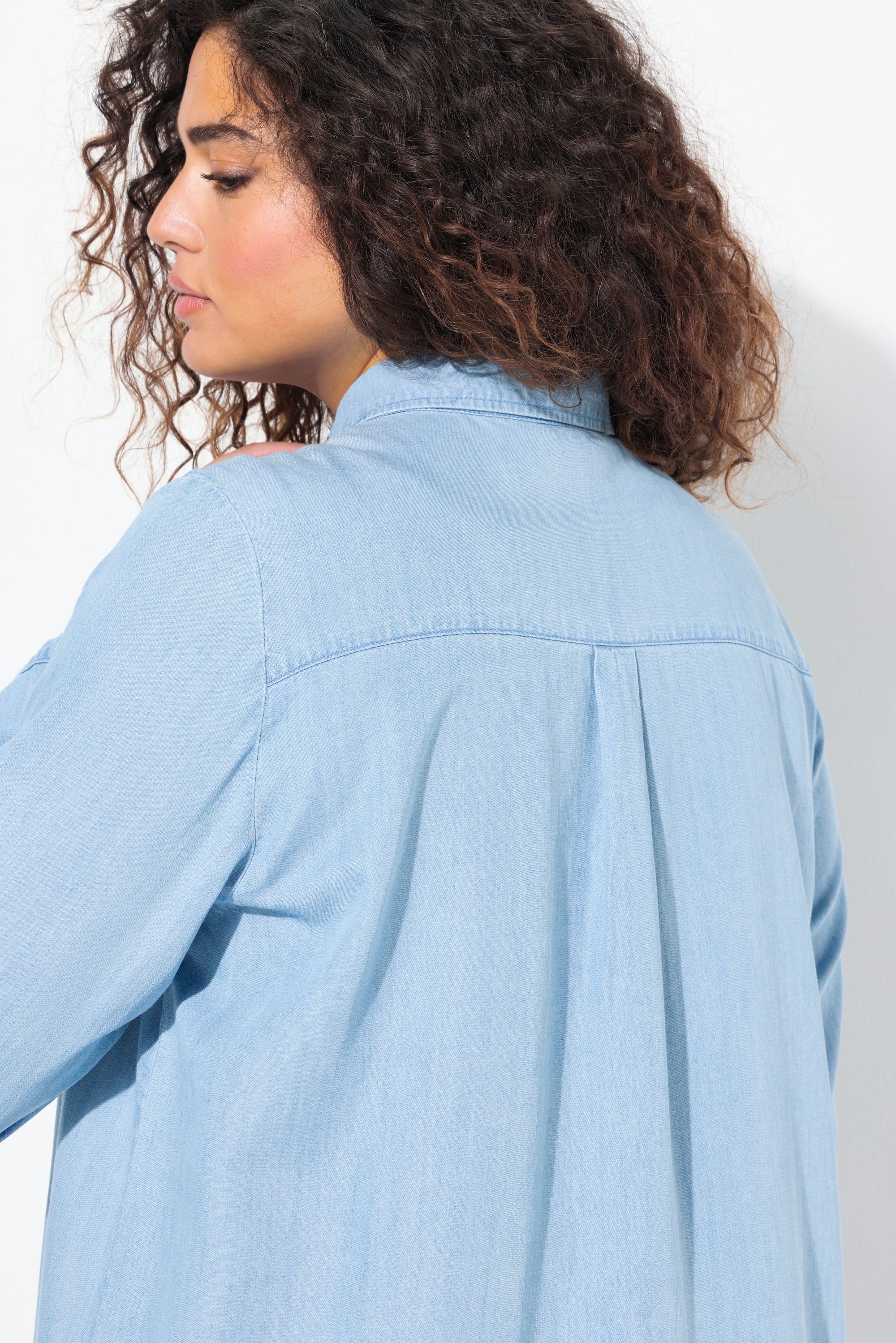 Ulla Popken Damen große Größen Lyocell Longbluse Jeansoptik Hemdkragen