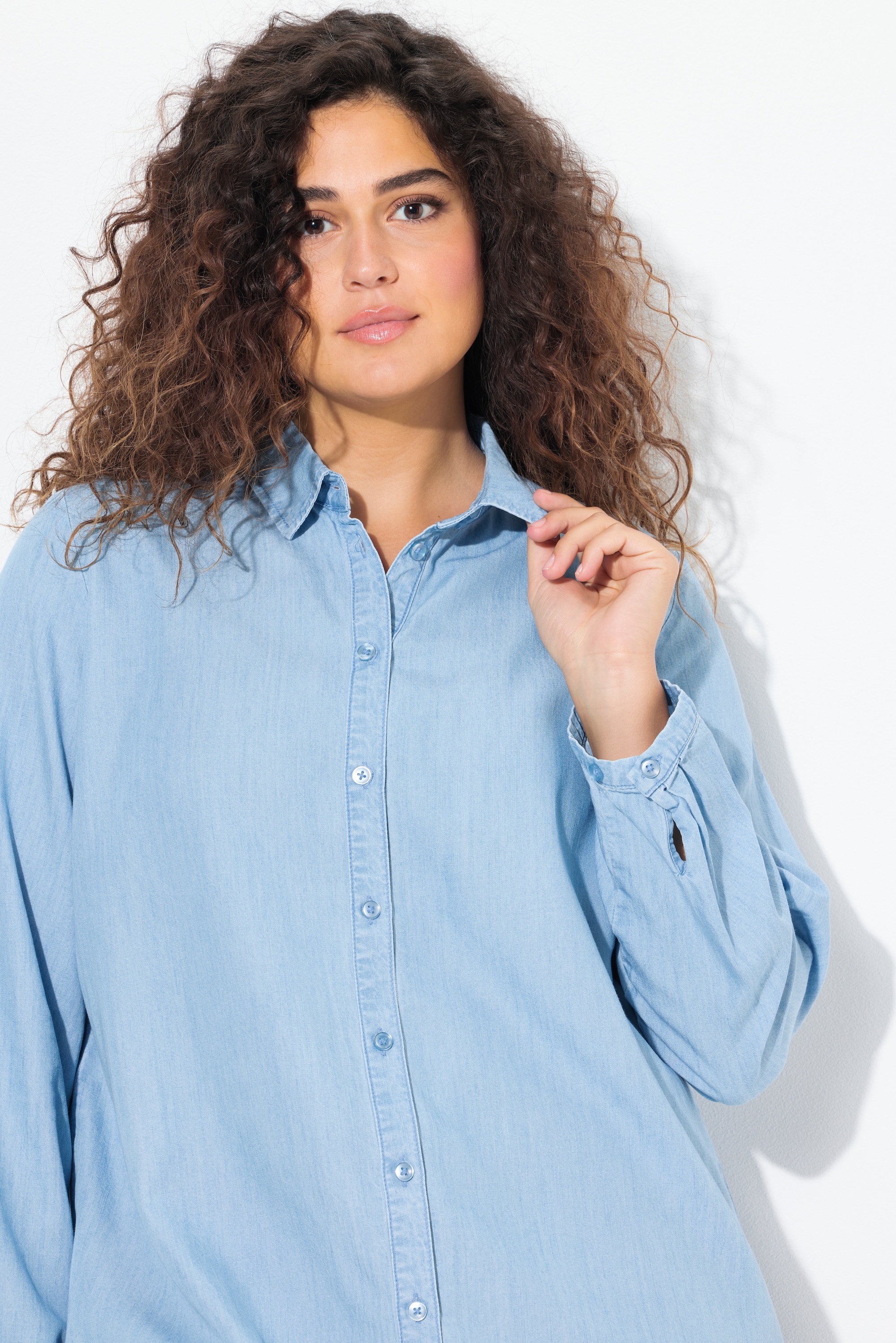 Ulla Popken Damen große Größen Lyocell Longbluse Jeansoptik Hemdkragen