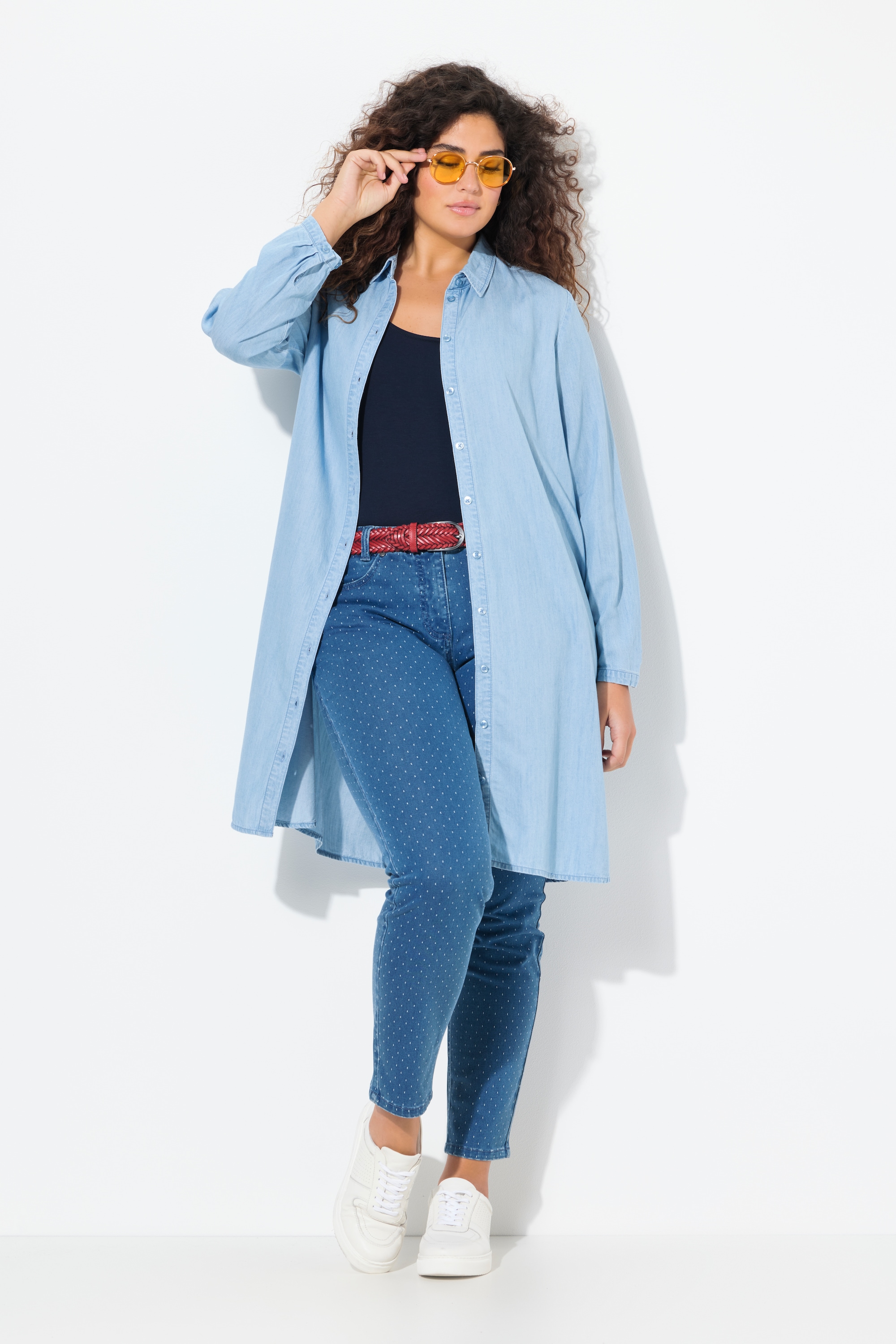 Ulla Popken Damen große Größen Lyocell Longbluse Jeansoptik Hemdkragen