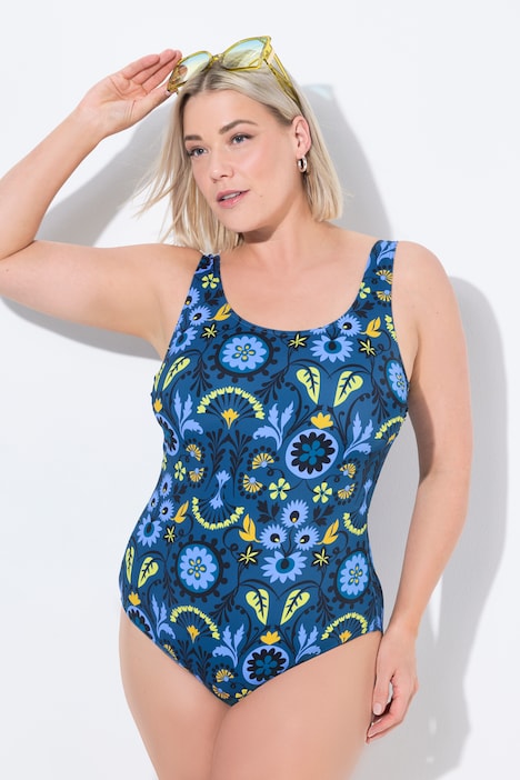 Maillot de bain sans bonnets souples, motif à fleurs et décolleté rond