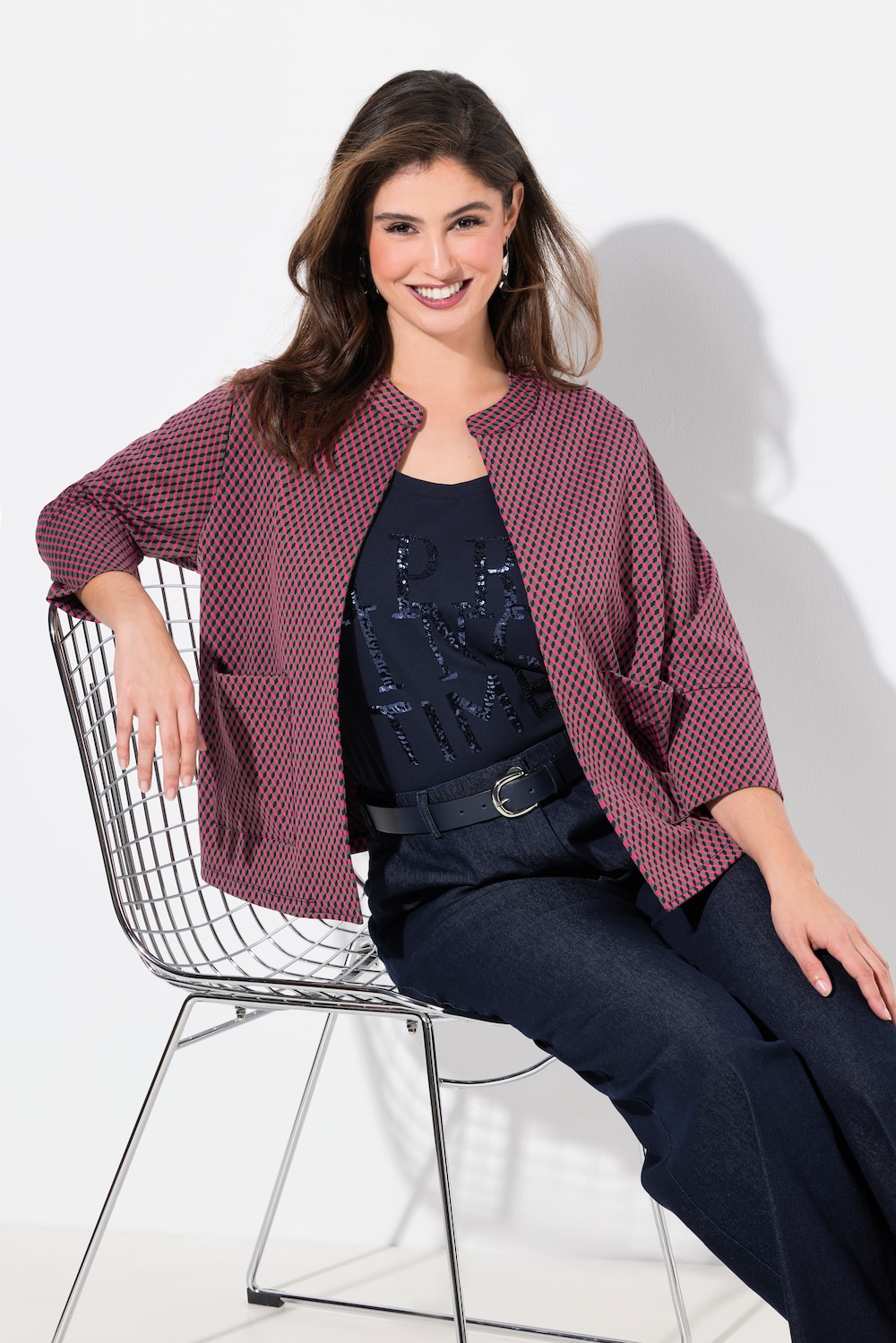 Große Größen Jacquard-Jacke, Damen, blau, Größe: 46/48, Polyester/Synthetische Fasern, Ulla Popken