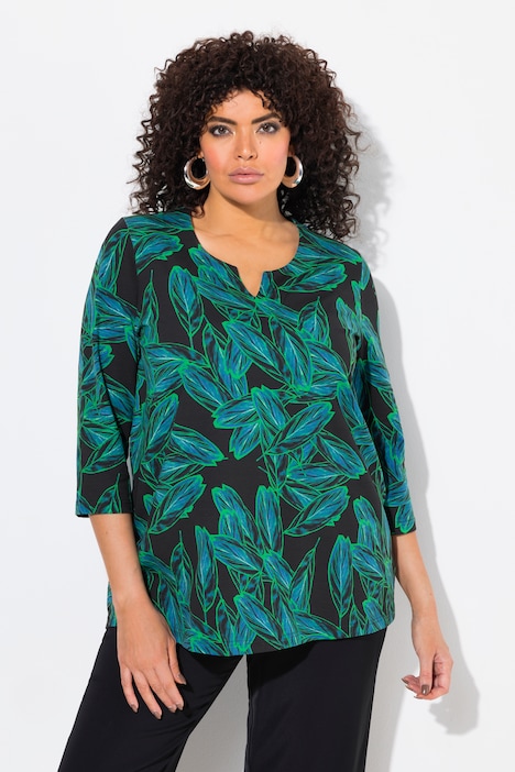 Leaf Print 3/4 Sleeve Split Neck Tee