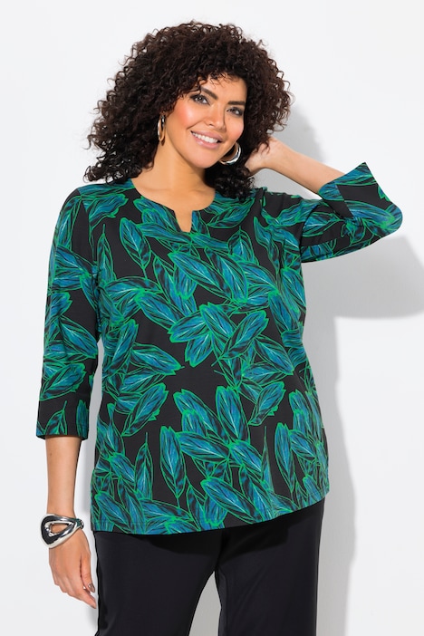 Leaf Print 3/4 Sleeve Split Neck Tee