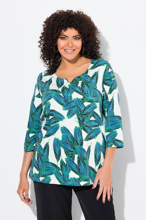 Leaf Print 3/4 Sleeve Split Neck Tee