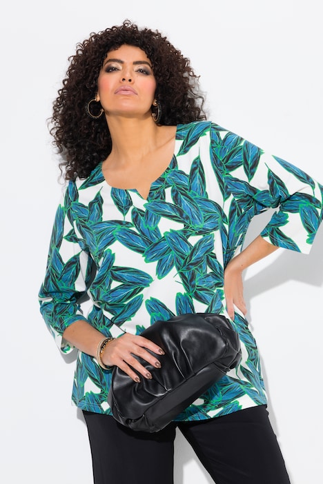 Leaf Print 3/4 Sleeve Split Neck Tee