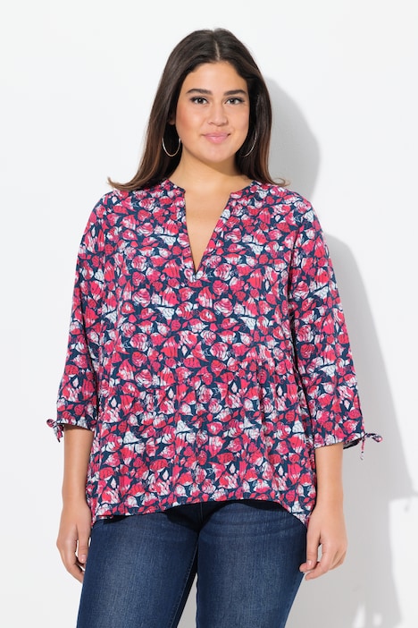 Blouse imprimé petits poissons, décolleté en V et manches 3/4, coupe évasée