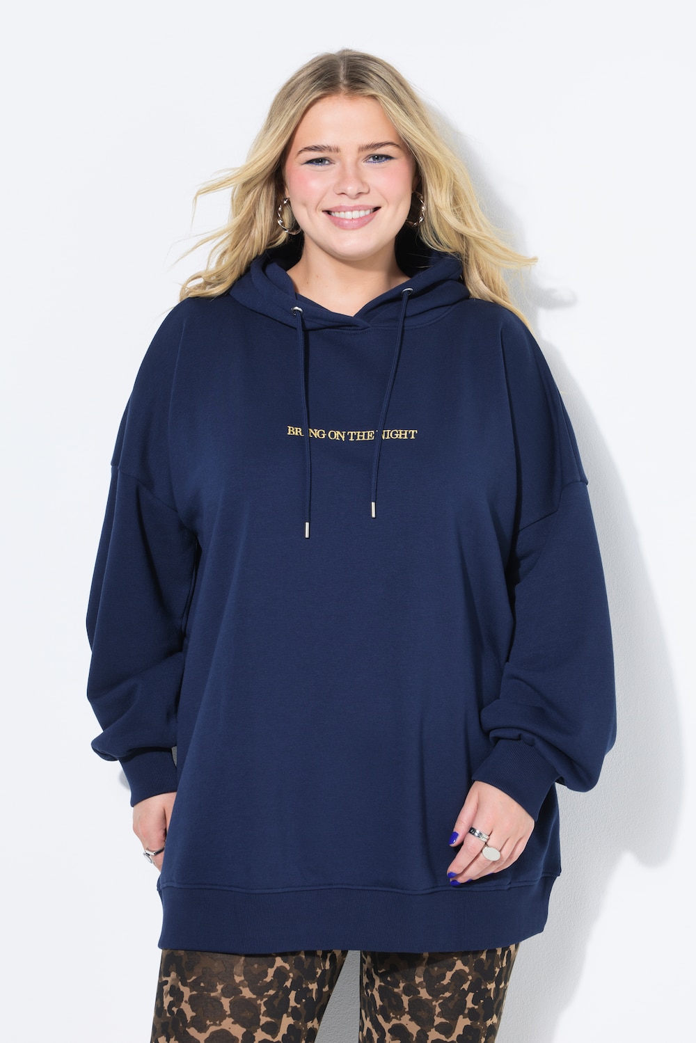 Hoodie, oversized, Glitzer-Statement, Kapuze