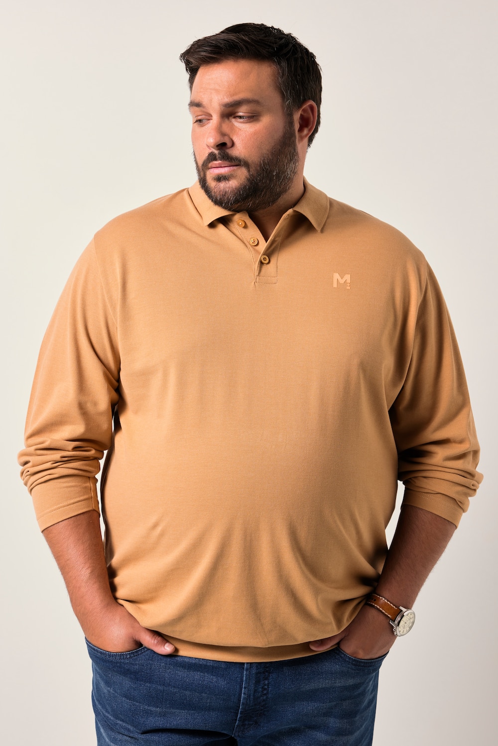 Men+ poloshirt, mavevenlig pasform, Basic, piqué, lange ærmer, op til 8XL
