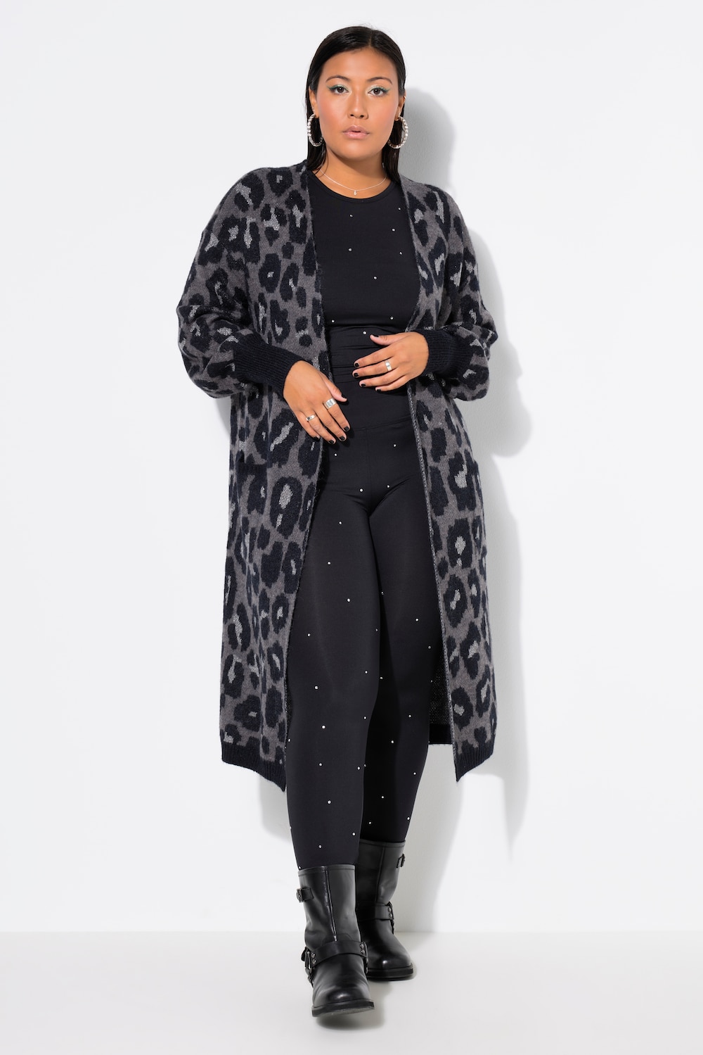 Long-Strickjacke, oversized, Glitzer-Leo