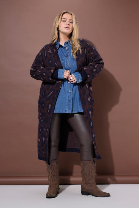 Long-Strickjacke, oversized, Glitzer-Leo