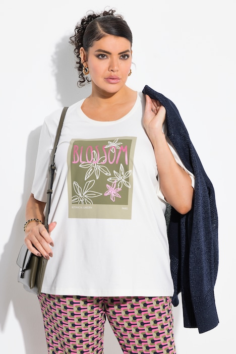 T-shirt con fiori, scollo a girocollo e mezze maniche