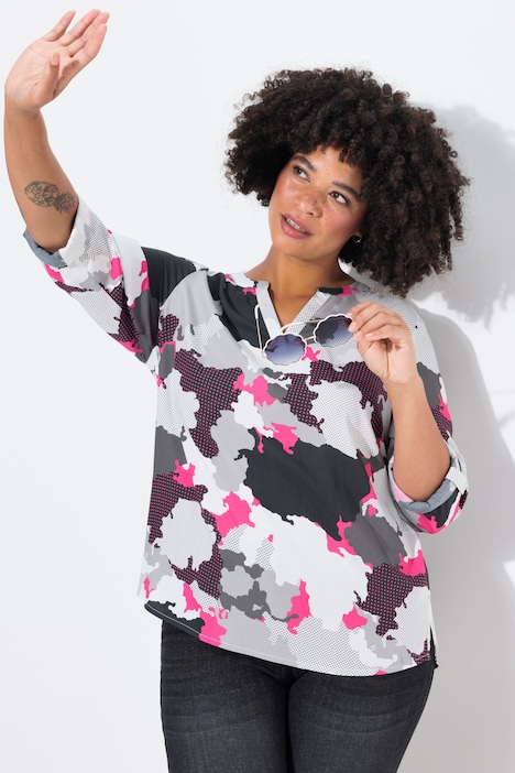 Bluse, Camouflage-Druck, Tunika-Ausschnitt