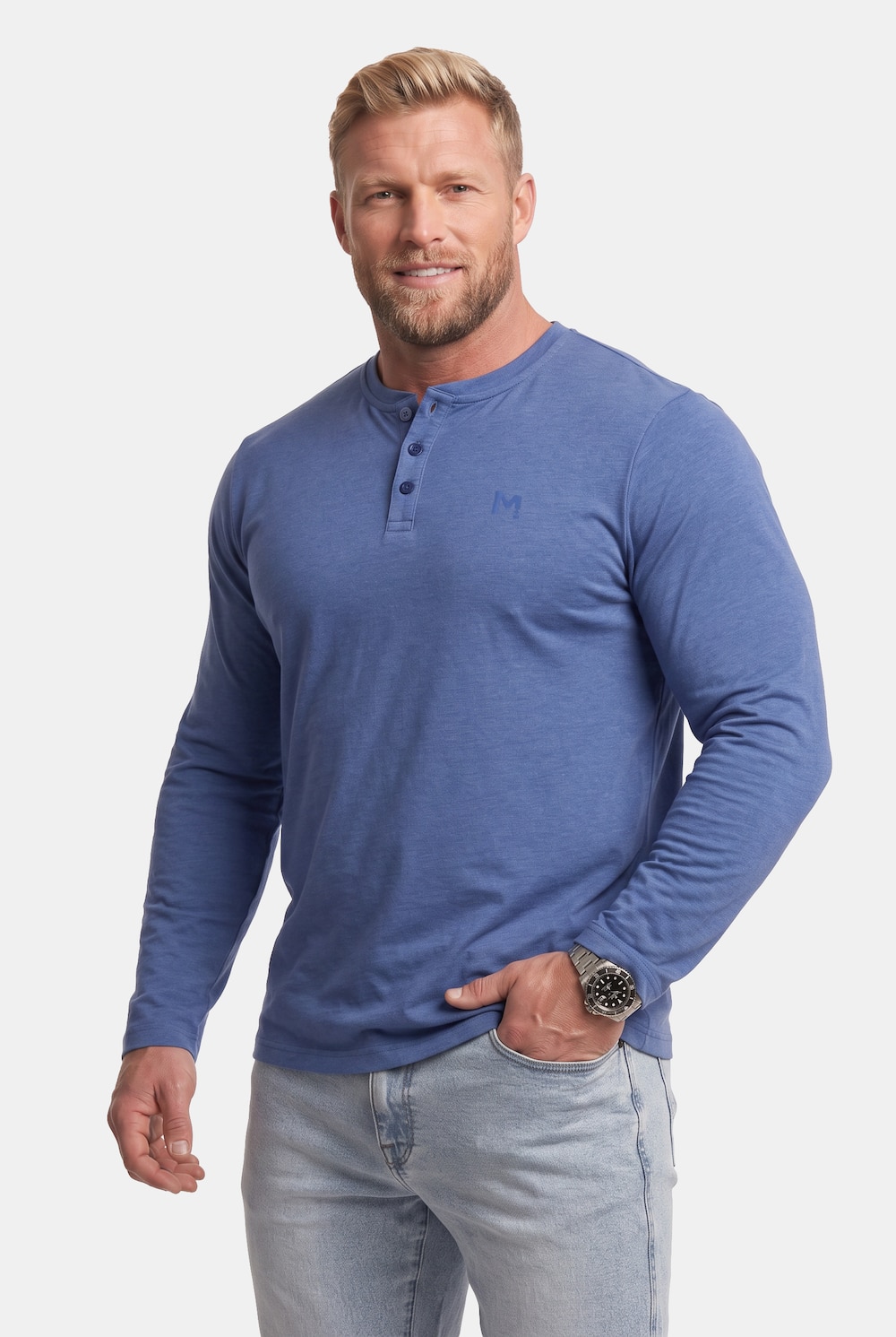 Henley, Basic, Langarm, Rundhals, bis 8 XL