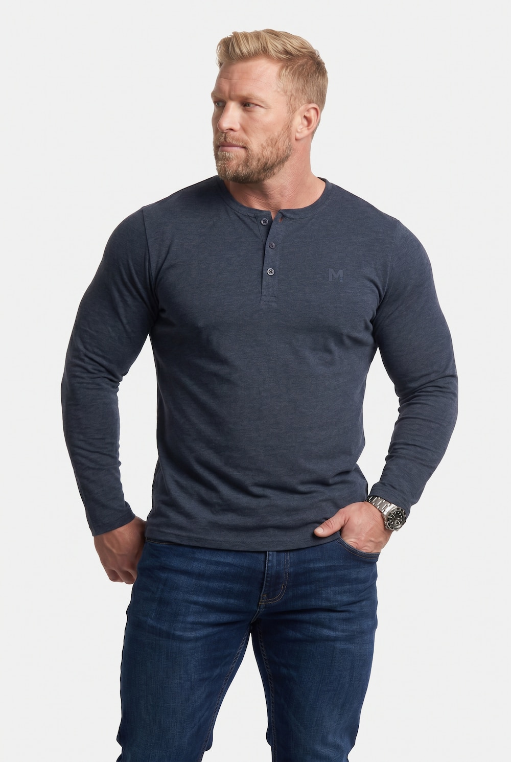 Henley, Basic, Langarm, Rundhals, bis 8 XL