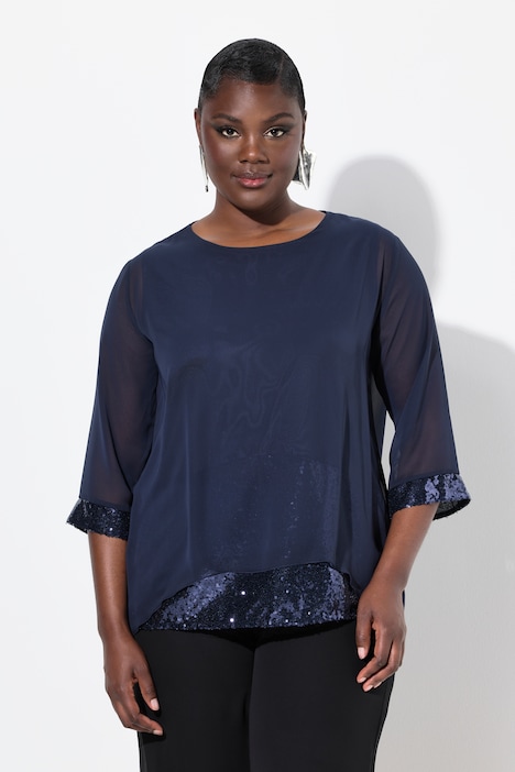 Blusa a doppio strato di chiffon con scollo a barca e maniche a 3/4