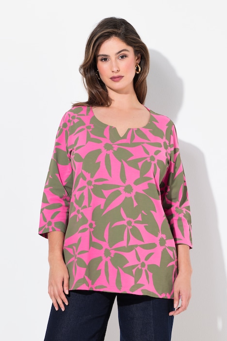 Shirt, bloemen, classic, tuniekhals, 3/4-mouwen